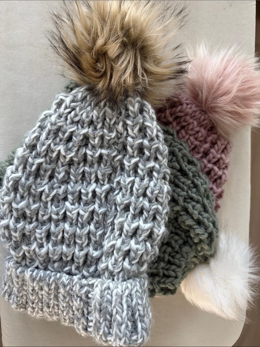 Abercrombie & Fitch Kids Chunky Knit Pom Beanies - Gray, Olive, Pink